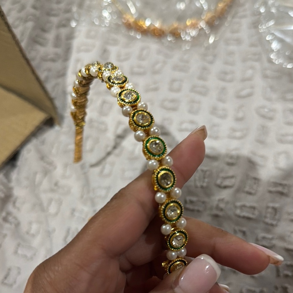 Gold and Green Pearl Embellished Women's Headband
